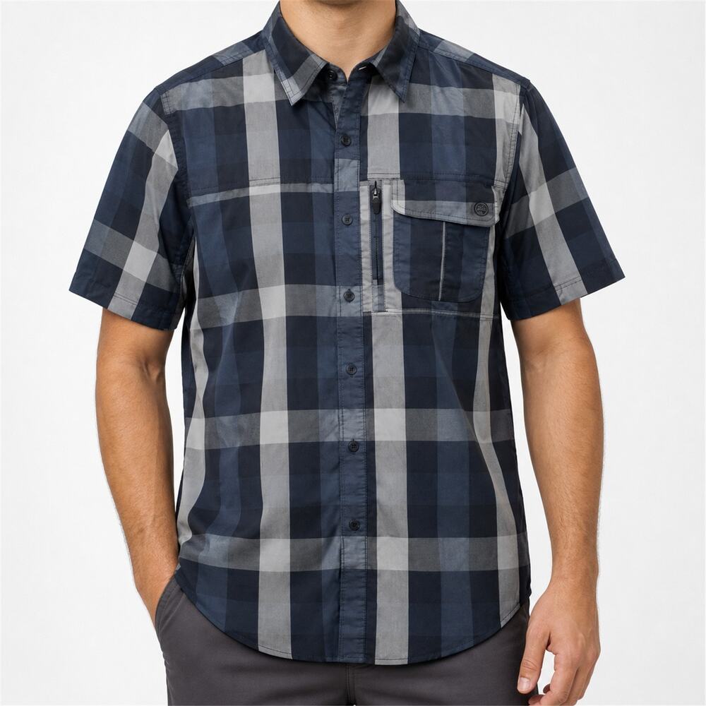 Wrangler ATG Shirt Mens Medium Blue Plaid All Terrain Gear Hiking Regular Fit